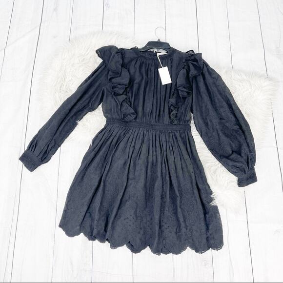 Ulla Johnson Womens Dorithie Embroidered florals Round Neck Dress in Noir Size 8 - Picture 2 of 5